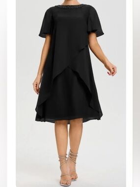 Black Layered Chiffon Midi Dress with Beaded Neckline